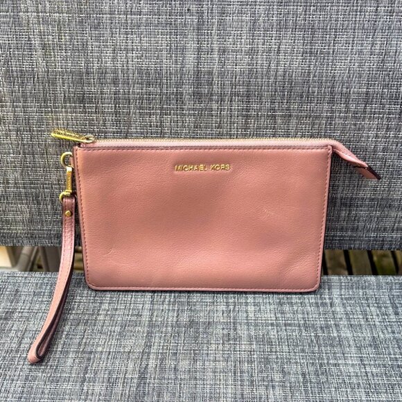 Michael Kors Blush Dark Pinkish Purple Leather Wristlet Clutch - Picture 1 of 8